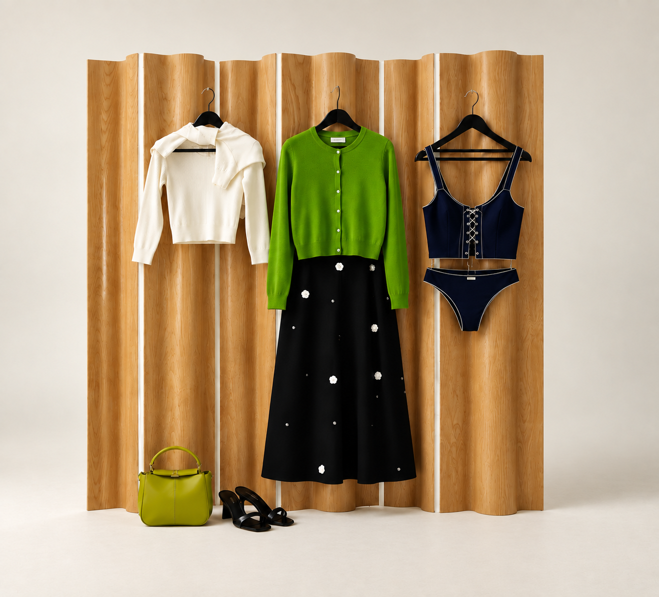 Fashion items — white and green knitwear, navy two-piece, lime handbag and black heels arranged on wooden panels