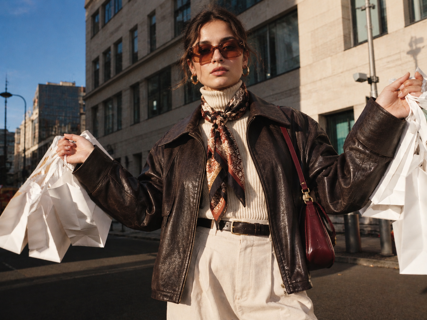Woman with shopping bags in the city wearing a leather jacket and sunglasses